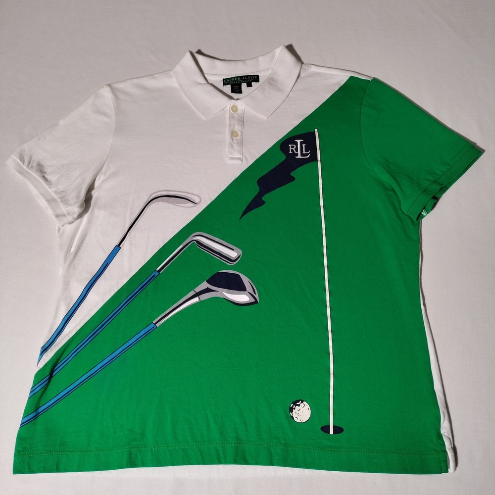 Lauren Active Ralph Lauren Golf Club Graphic Polo Shirt White Green Women Large